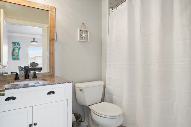 bathroom with vanity, ornamental molding, and toilet