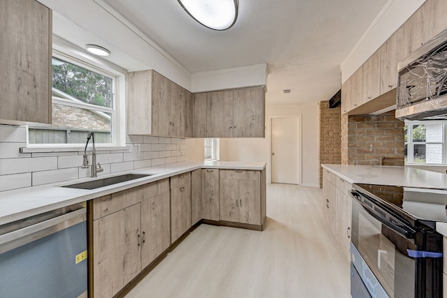 kitchen with a healthy amount of sunlight, sink, light hardwood / wood-style flooring, and stainless steel appliances