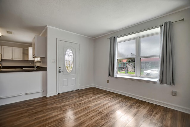 entrance foyer featuring crown molding, sink, a textured ceiling, and dark hardwood / wood-style flooring