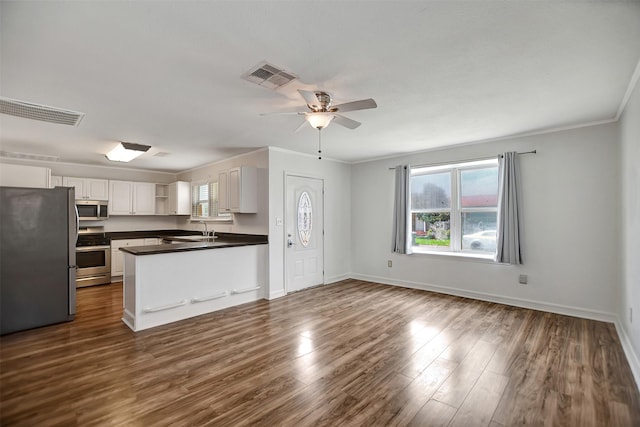 kitchen featuring sink, appliances with stainless steel finishes, white cabinetry, dark hardwood / wood-style floors, and ornamental molding