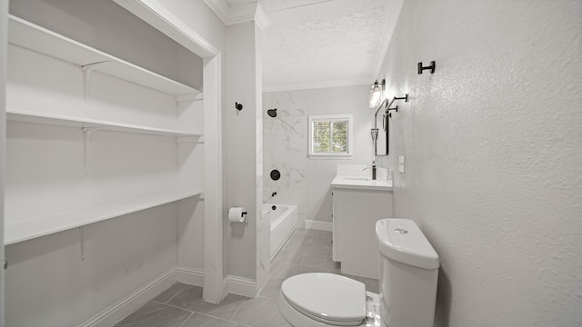 full bathroom with vanity, tiled shower / bath, crown molding, tile patterned flooring, and toilet