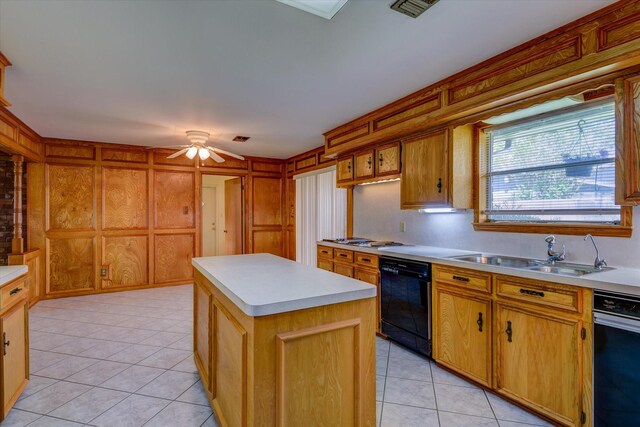 kitchen with light tile patterned floors, a center island, dishwasher, ceiling fan, and sink