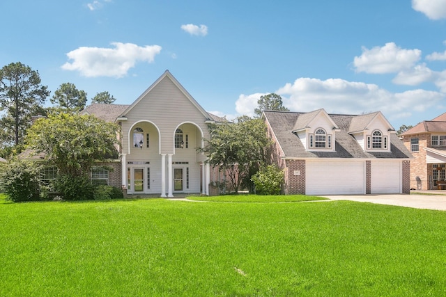 view of front of house with a garage and a front lawn