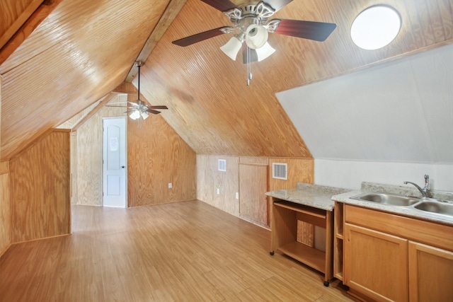 additional living space featuring lofted ceiling, sink, wood walls, wood ceiling, and light hardwood / wood-style floors