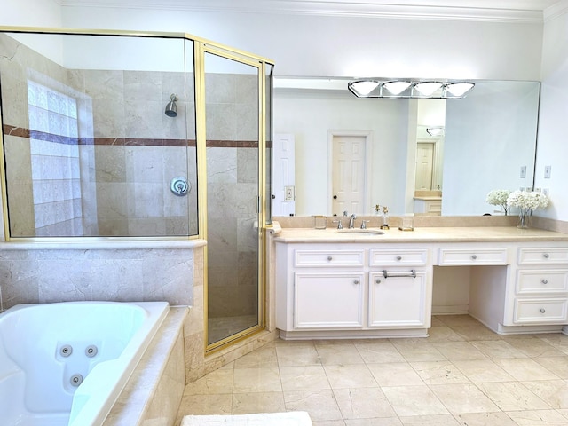 bathroom with shower with separate bathtub, vanity, and crown molding