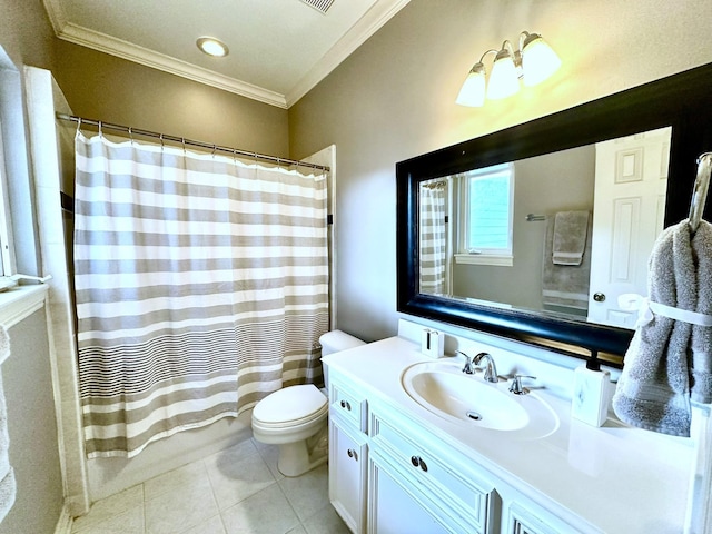 full bathroom with shower / bath combination with curtain, tile patterned flooring, vanity, ornamental molding, and toilet