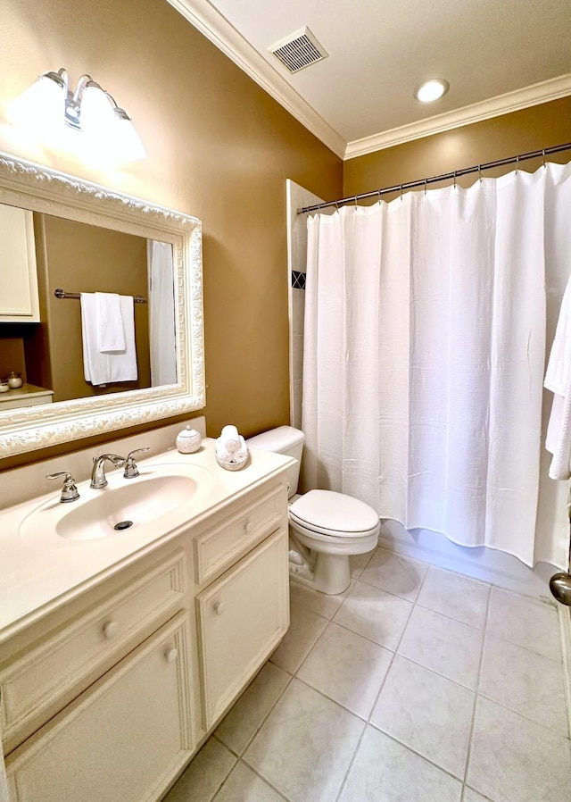 full bathroom with crown molding, tile patterned flooring, vanity, toilet, and shower / bath combo with shower curtain