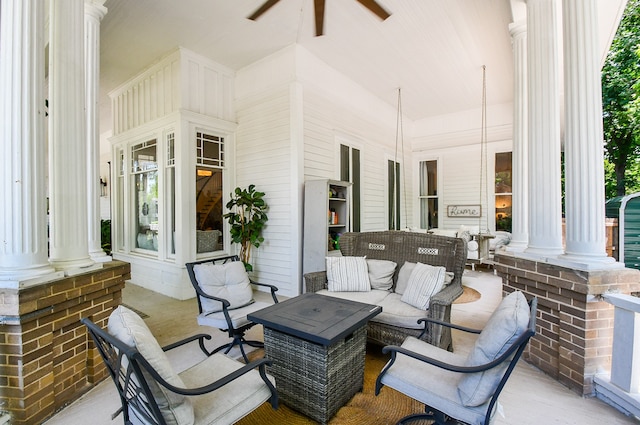 view of patio featuring an outdoor hangout area and covered porch