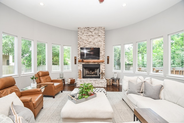 living room with hardwood / wood-style flooring, a fireplace, and a healthy amount of sunlight