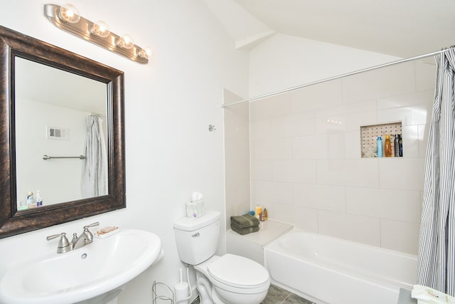 full bathroom with sink, toilet, shower / bathtub combination with curtain, and tile patterned flooring