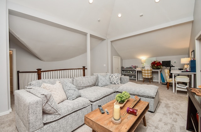 carpeted living room featuring vaulted ceiling