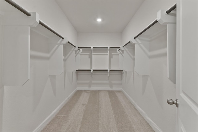 spacious closet featuring light colored carpet