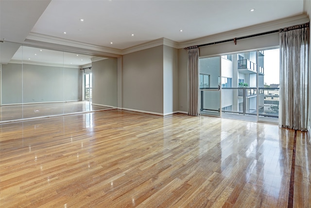 spare room with light hardwood / wood-style floors and ornamental molding