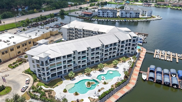 birds eye view of property featuring a water view