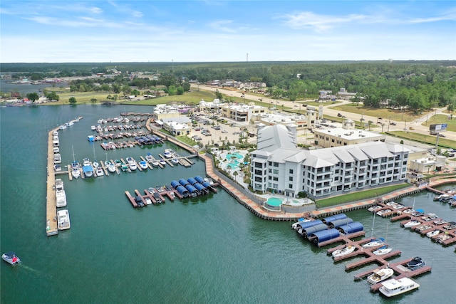 birds eye view of property featuring a water view