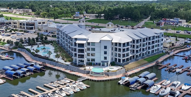 drone / aerial view with a water view