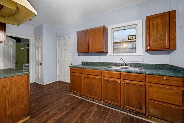 kitchen featuring dark hardwood / wood-style floors, ventilation hood, and sink