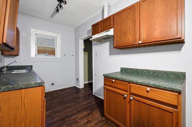 kitchen featuring sink, rail lighting, and dark hardwood / wood-style floors