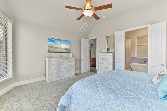 bedroom with light carpet, lofted ceiling, and ceiling fan