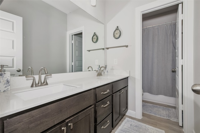 bathroom with dual vanity and hardwood / wood-style floors