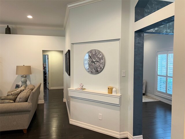 corridor featuring dark wood-type flooring and crown molding