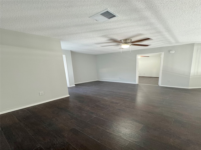 unfurnished room with a textured ceiling, ceiling fan, and dark hardwood / wood-style flooring