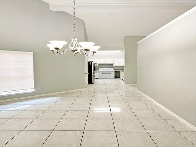 interior space with a notable chandelier, lofted ceiling, crown molding, and light tile patterned flooring