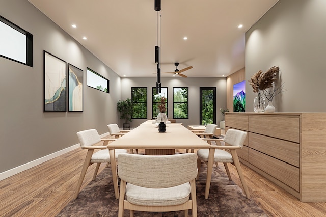 dining area featuring hardwood / wood-style floors and ceiling fan