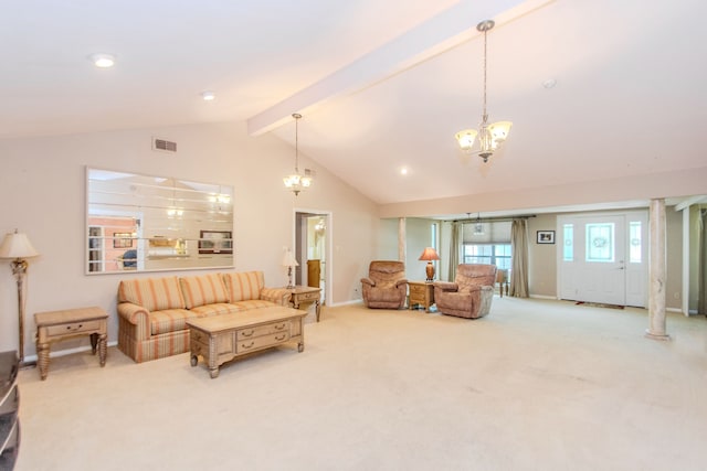 living room featuring beam ceiling, light colored carpet, high vaulted ceiling, and a chandelier