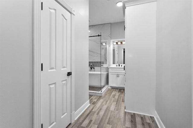 hallway with light hardwood / wood-style floors and a barn door