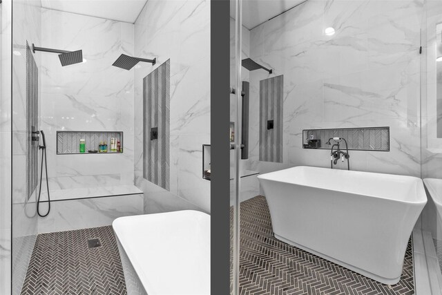 bathroom featuring plus walk in shower, tile patterned floors, and tile walls