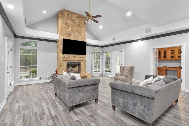 living room with a fireplace, ceiling fan, and wood-type flooring