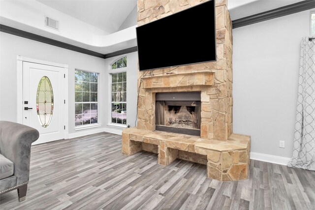 living room featuring ornamental molding, a fireplace, and hardwood / wood-style floors