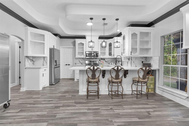 kitchen featuring tasteful backsplash, a raised ceiling, appliances with stainless steel finishes, and kitchen peninsula