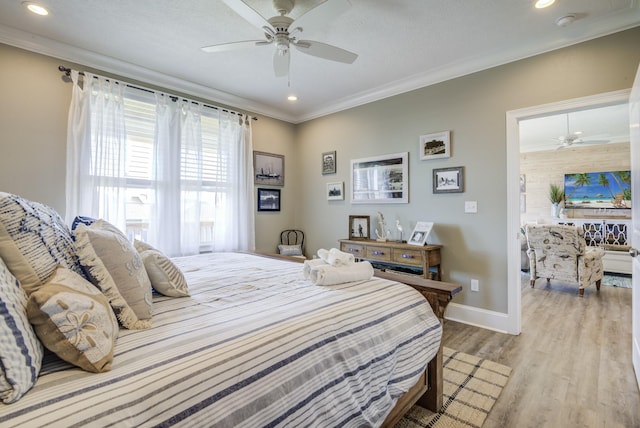 bedroom with light wood finished floors, ornamental molding, recessed lighting, and baseboards