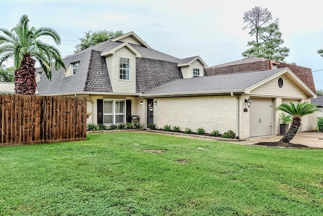 view of front of home with a garage, brick siding, roof with shingles, and fence