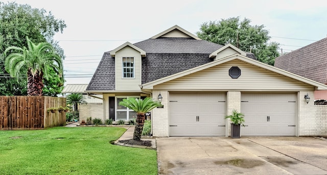 view of front facade featuring a shingled roof, concrete driveway, an attached garage, a front yard, and fence