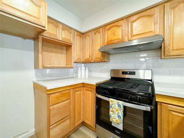 kitchen with stainless steel range with gas cooktop and tasteful backsplash