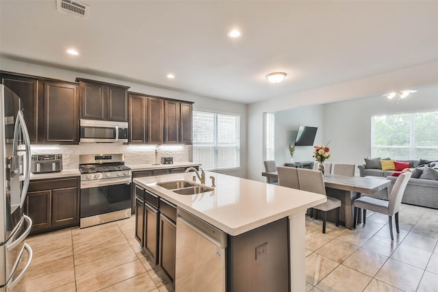 kitchen featuring dark brown cabinets, tasteful backsplash, an island with sink, appliances with stainless steel finishes, and sink