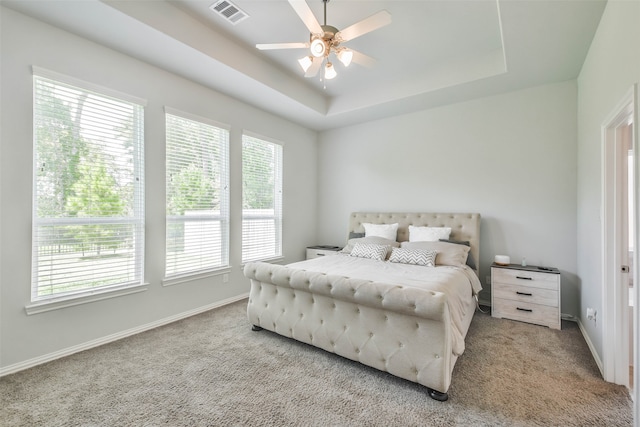 carpeted bedroom featuring multiple windows, ceiling fan, and a raised ceiling