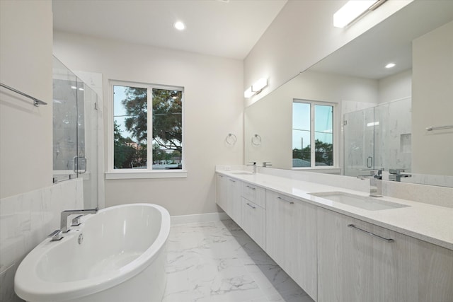 bathroom featuring double vanity, tile patterned flooring, and shower with separate bathtub