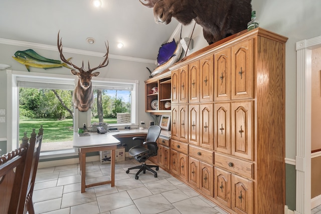 office space featuring light tile patterned floors and crown molding