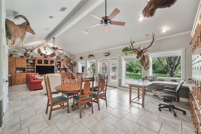 tiled dining room with ceiling fan and vaulted ceiling with beams