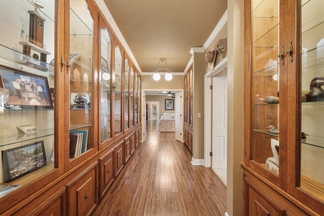 corridor featuring ornamental molding and hardwood / wood-style floors