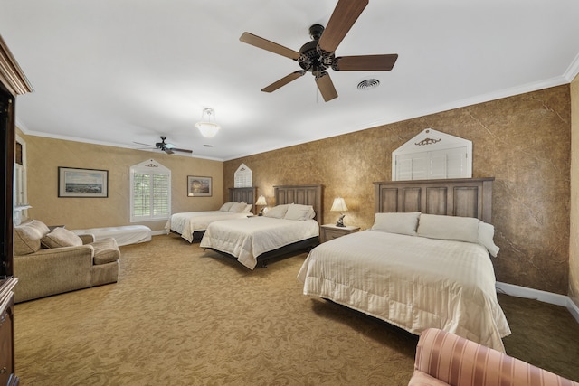 bedroom featuring tile walls, ornamental molding, ceiling fan, and carpet floors