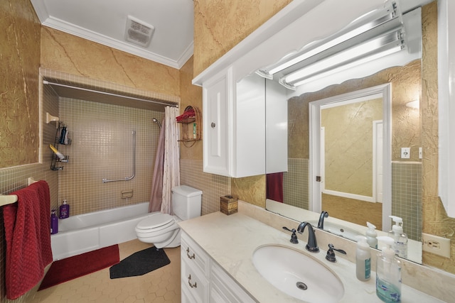 full bathroom with tile patterned floors, tile walls, vanity, and toilet