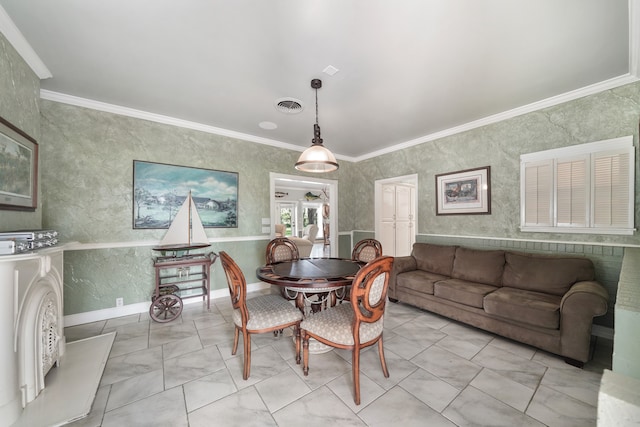 tiled dining space with crown molding