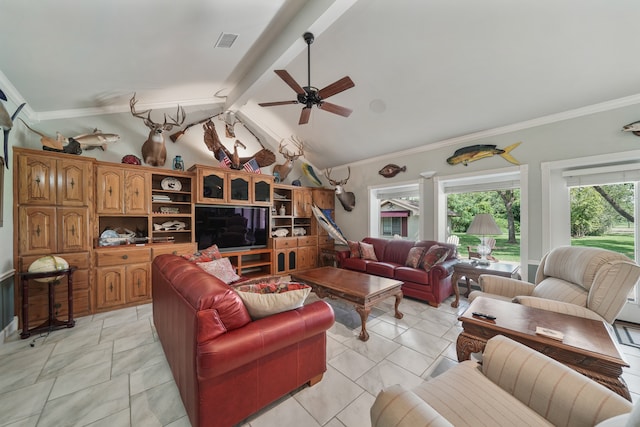 living room with ceiling fan, light tile patterned flooring, and lofted ceiling with beams