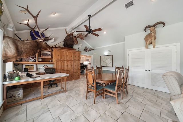 dining room with ceiling fan, light tile patterned flooring, vaulted ceiling with beams, and ornamental molding