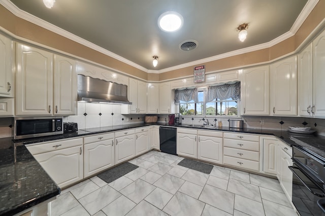 kitchen with black appliances, white cabinetry, wall chimney exhaust hood, and decorative backsplash